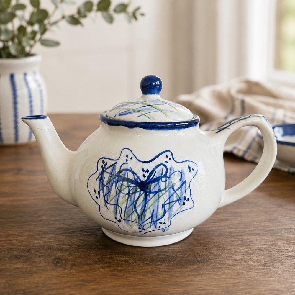Vintage Yesteryears Pottery Teapot Hand Painted Blue Marshall Texas Stoneware